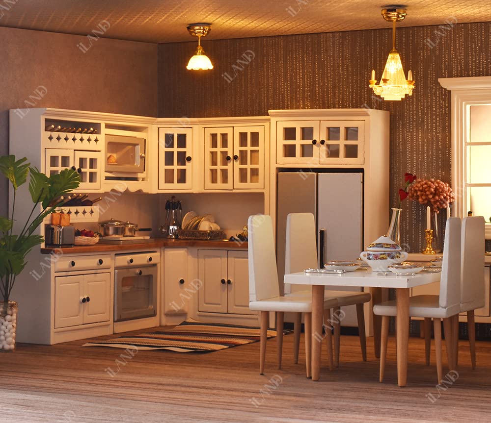 iLAND Dollhouse Furniture and Accessories Set Dollhouse Kitchen Modern Kit, Complete Miniature Cabinets Oven Refrigerator with Cookware fit 1/12 Scale