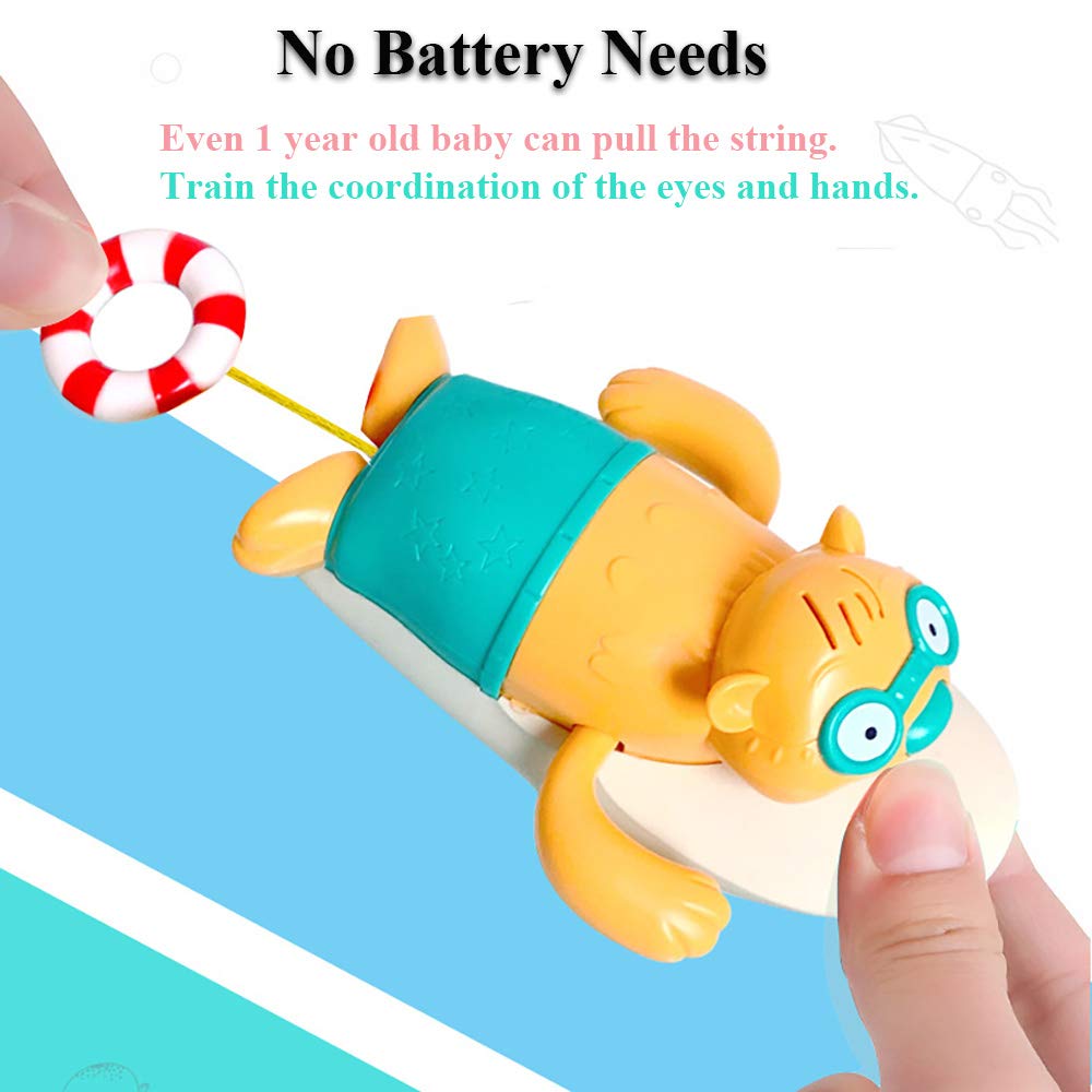 NEXTAKE Pull String Baby Bath Toy Pull & Go Beaver Cute Surfing Beaver Swimming Beaver Windup Clockwork Bathtub Toy for Toddlers (Blue)
