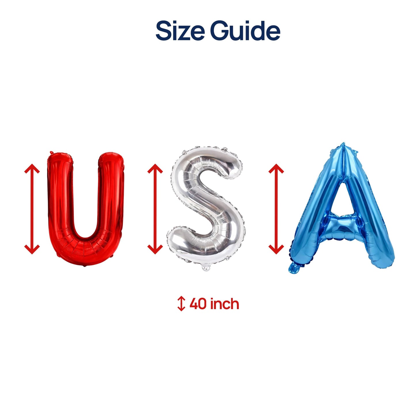 Dream Decor USA Balloon Letters - 40 Inch Patriotic Foil Letter Balloons (U Red, S Silver, A Blue) with Ribbon & Inflation Straw - 4th of July