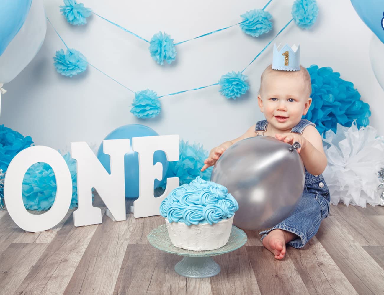 SYESQL Baby Boys 2nd Birthday Crown - Blue Felt Hat, Cake Smash Prop, Birthday Hats for Kids, Blue Half Birthday Crown, Blue and White