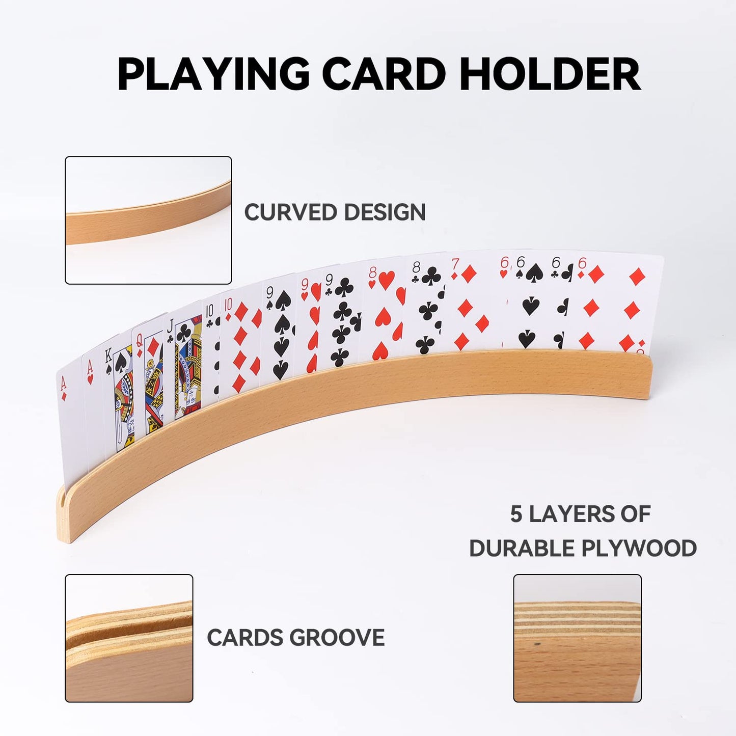 GSE Games & Sports Expert Set of 4 Playing Cards Holders, Wooden Playing Card Racks, Curved Playing Card Trays for Bridge, Hand & Foot, Rummy, UNO