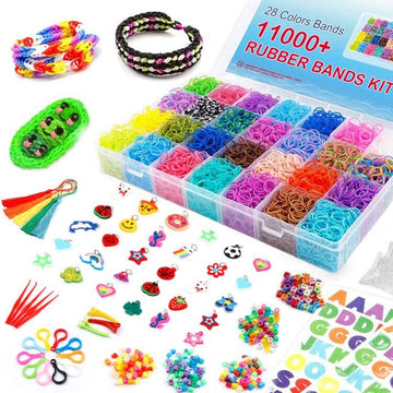 INSCRAFT Rubber Band Refill Kit: Over 11000 Rubber Bands, 28 Colors with Container, 600 Clips, 200 Beads, 52 ABC Beads, Premium Bracelet Making Refill