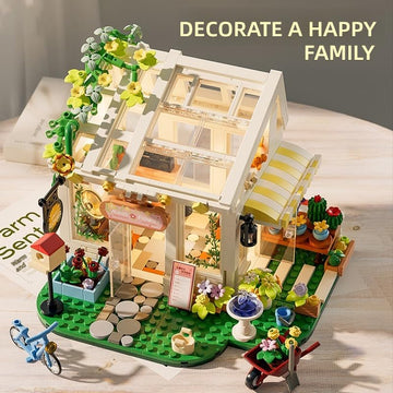 Flowers House Building Set with Lights, Garden Building Kits Sunshine Greenhouse Building Toy for Home Display Decoration Creative Greenhouse Playset