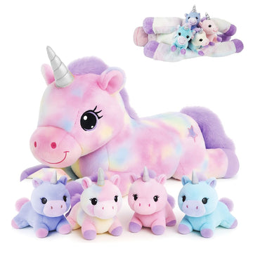 little tigers Unicorn Mommy Stuffed Animal with 4 Babies in Tummy, 5-in-1 Soft Unicorn Plush Toy Pillow, Stuffed Animal Gifts for Girls Kids Toddlers