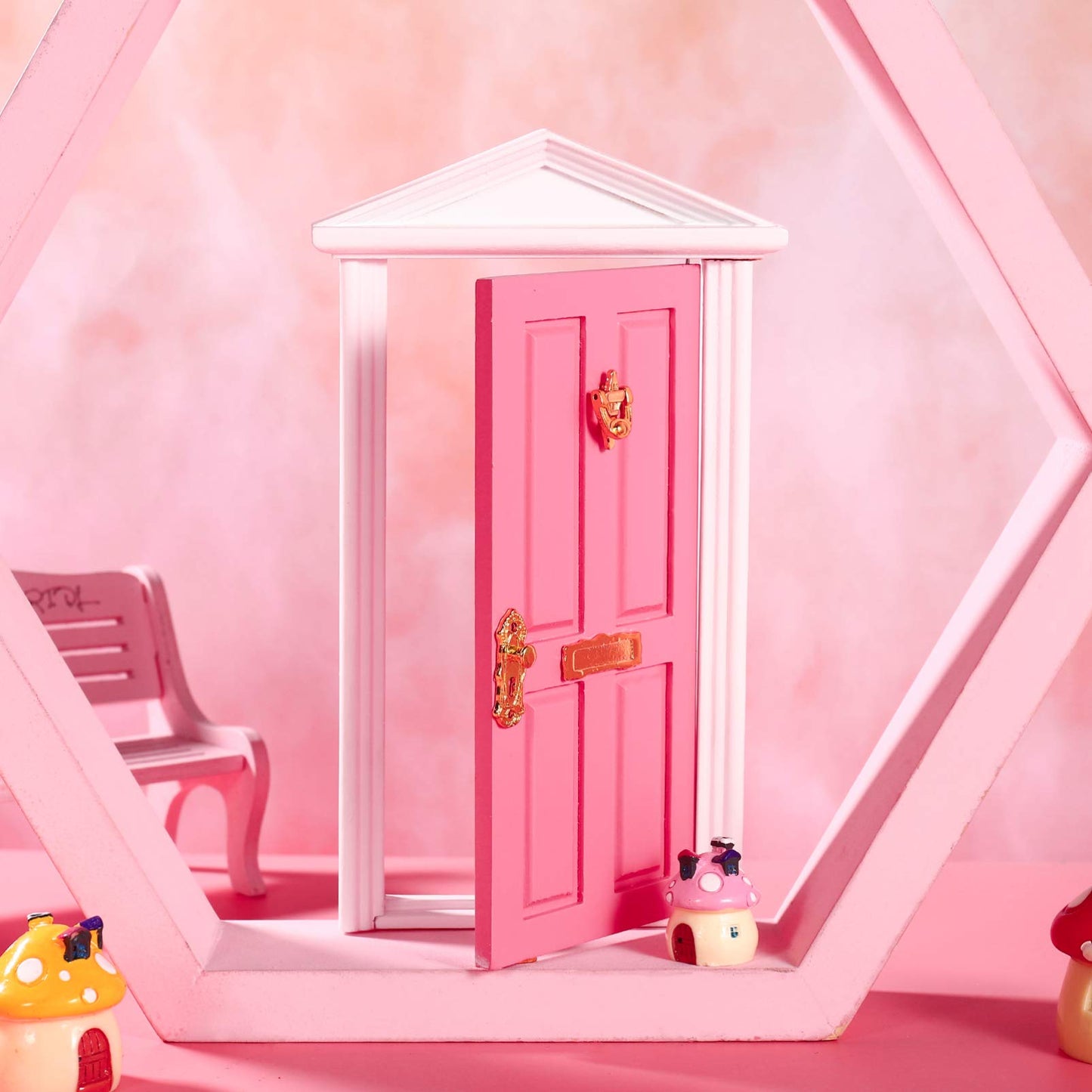 Yardwe Mini Wooden Fairy Door with Spire Design, 1:12 Scale Dollhouse Accessories for Decoration, Pink Door with Key for Christmas, Birthday, Wedding