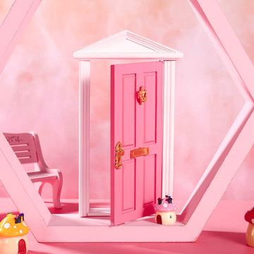 Yardwe Mini Wooden Fairy Door with Spire Design, 1:12 Scale Dollhouse Accessories for Decoration, Pink Door with Key for Christmas, Birthday, Wedding