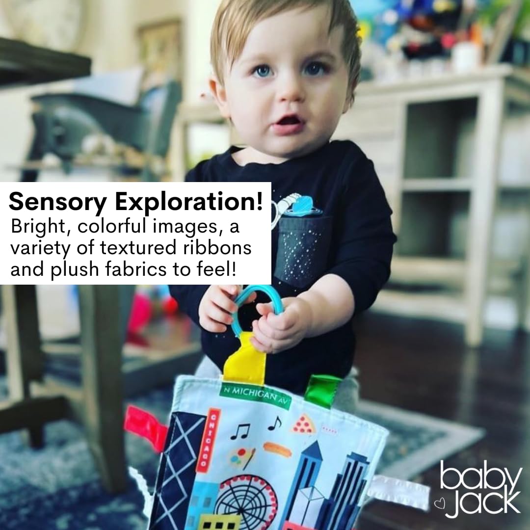 Baby Jack & Co 8x8” Learning Lovey Chicago Illinois Tag Toys for Babies - Baby Crinkle Toys - Soft & Safe - Learn USA Cities and Shapes - Ideal Baby