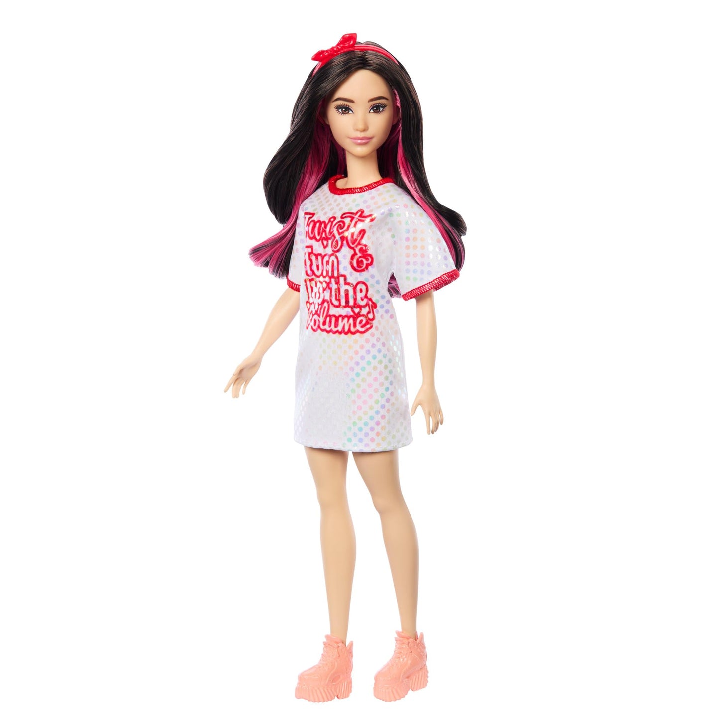 Barbie Fashionistas Doll #214, Black Wavy Hair with Twist ‘n’ Turn Dress & Accessories, 65th Anniversary Collectible Toy