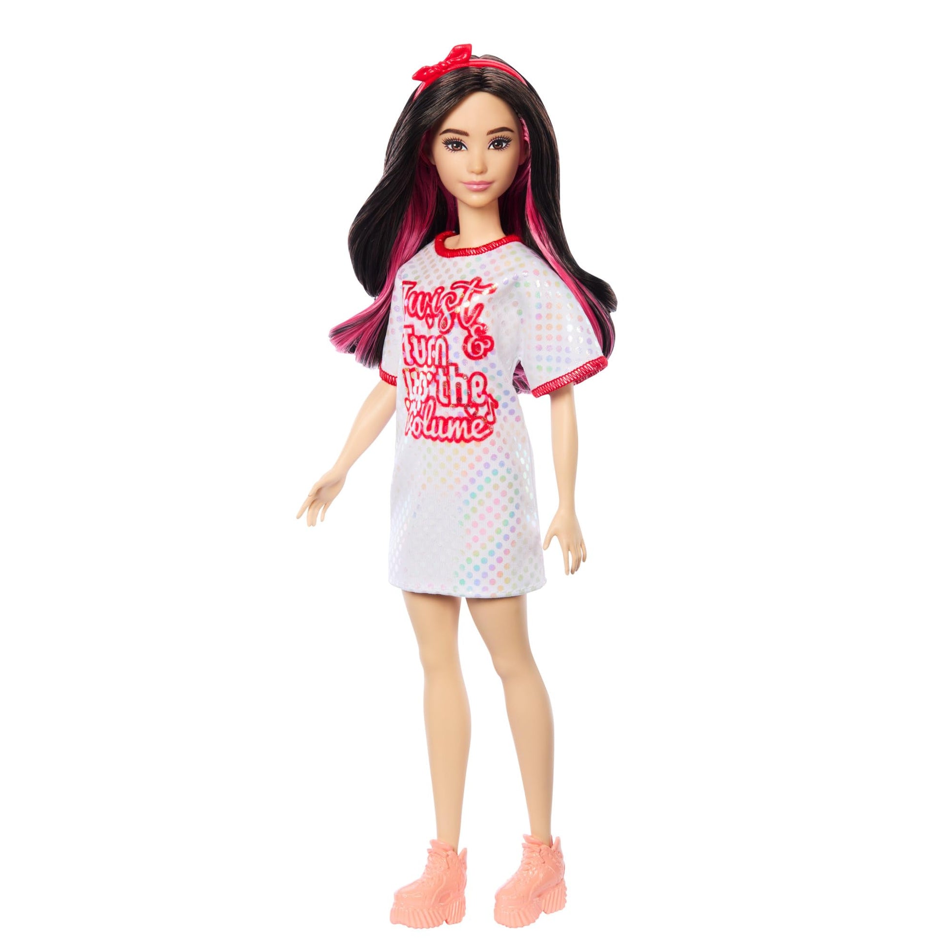 Barbie Fashionistas Doll #214, Black Wavy Hair with Twist ‘n’ Turn Dress & Accessories, 65th Anniversary Collectible Toy