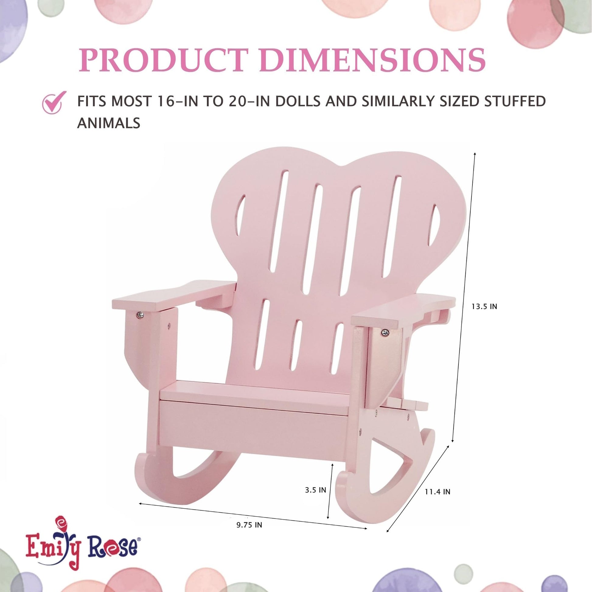 Emily Rose 18" Doll Adirondack Rocking Chair - Pink Wooden Heart-Back Design Furniture with Smooth Rocking Motion - USA Brand - Compatible
