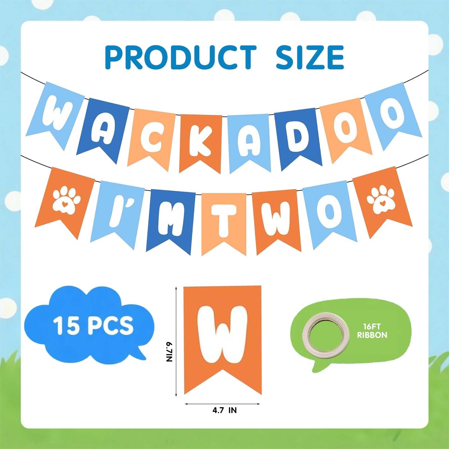 Puppy Themed 2nd Birthday Decorations Banner, Blue and Orange I'm Two Party Garland, Pre-Strung Dog Birthday Banner for Boys/Girls