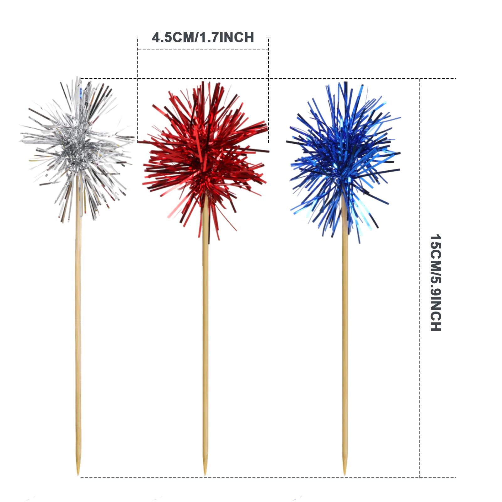 30PCS Cupcake Toppers,4th of July Foil Firework Toothpick,Independence Day Patriotic Cake Fruit Decorations(RED,BLUE,SILVER)