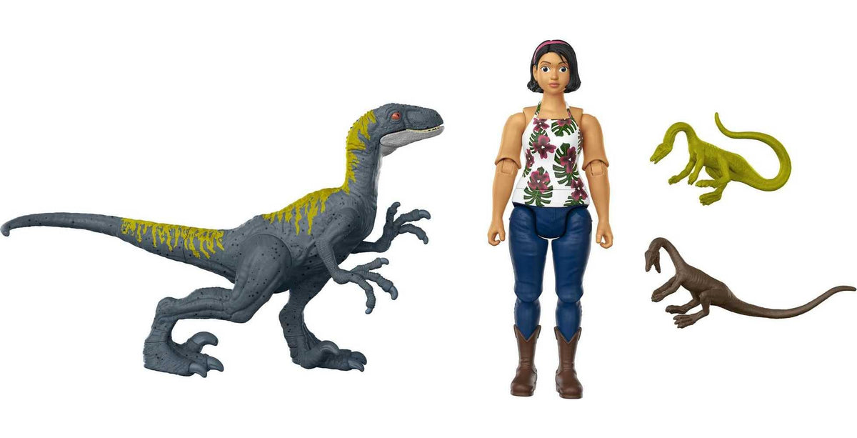 Mattel Jurassic World Camp Cretaceous Human & Dino Action Figure Pack with Sammy & Velociraptor Figures, Plus 2 Compys Smaller Dinosaurs, Collectible