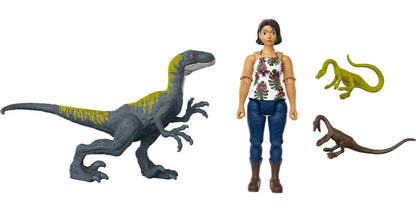 Mattel Jurassic World Camp Cretaceous Human & Dino Action Figure Pack with Sammy & Velociraptor Figures, Plus 2 Compys Smaller Dinosaurs, Collectible