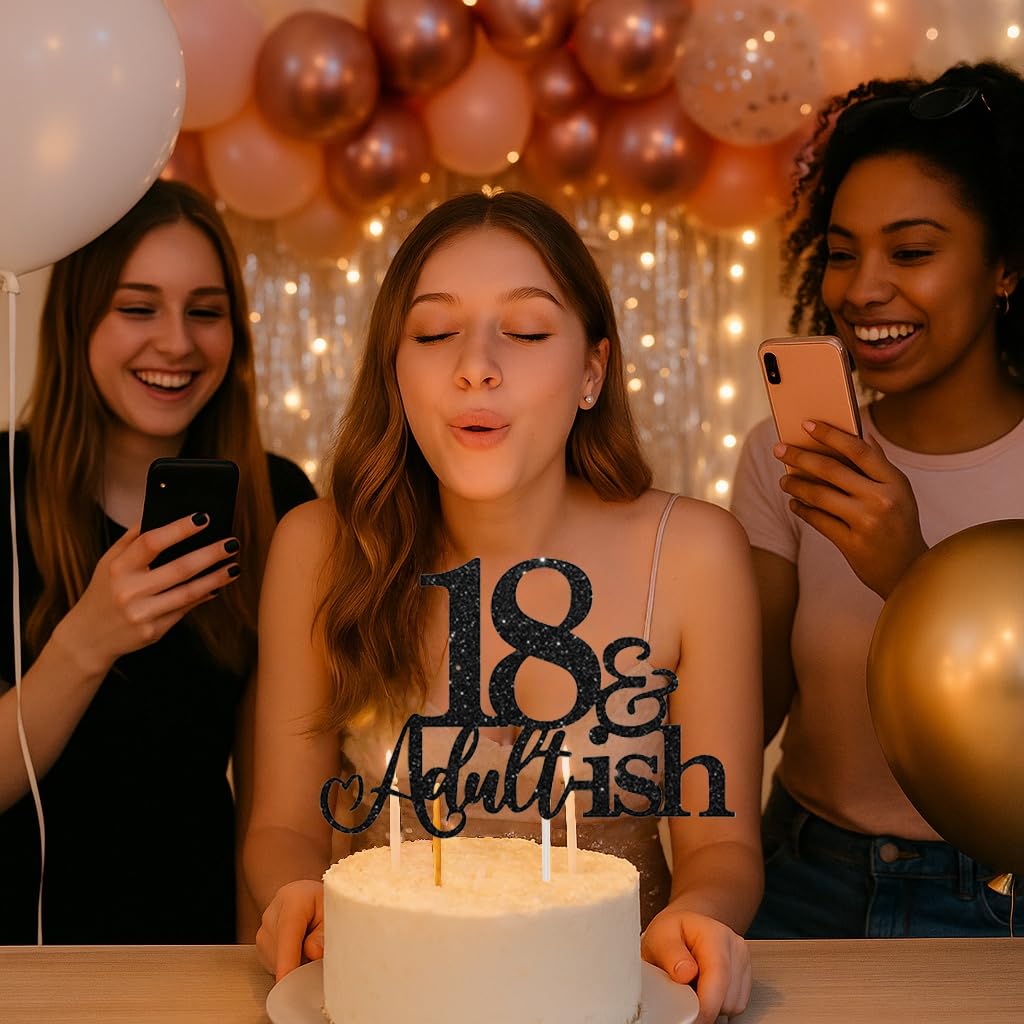 18th Birthday Cake Topper Black Glitter Happy 18th Bday Cake Topper 18 Cake Topper and Adultish for 18 Birthday Decorations 18th Birthday Decor 18