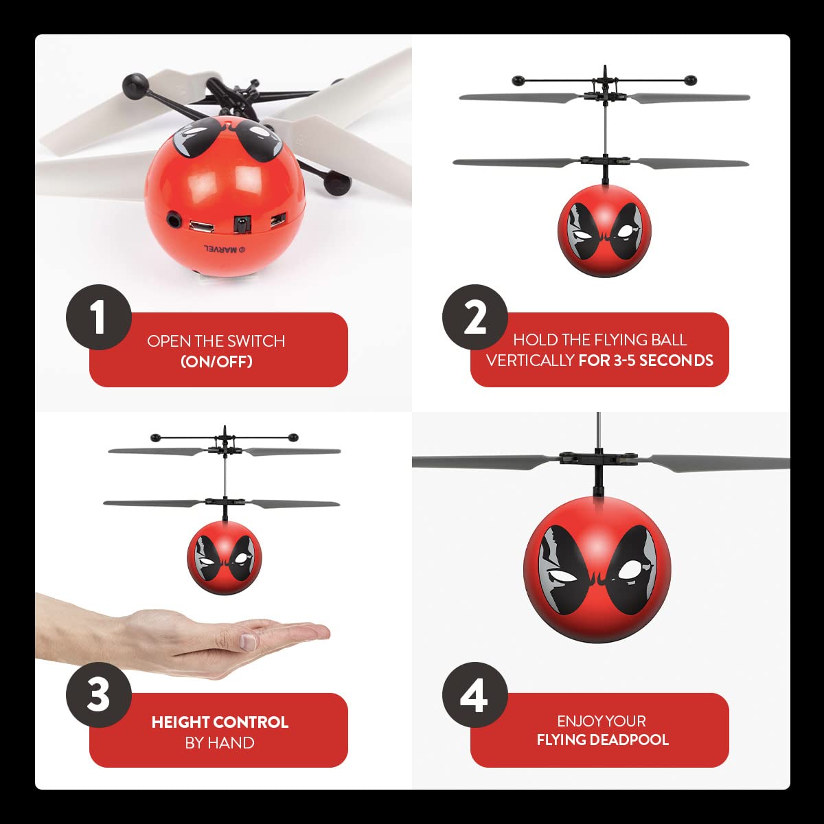 Marvel Deadpool Motion Sensing Flying Ball Toy, Dual Rotors, USB Charging