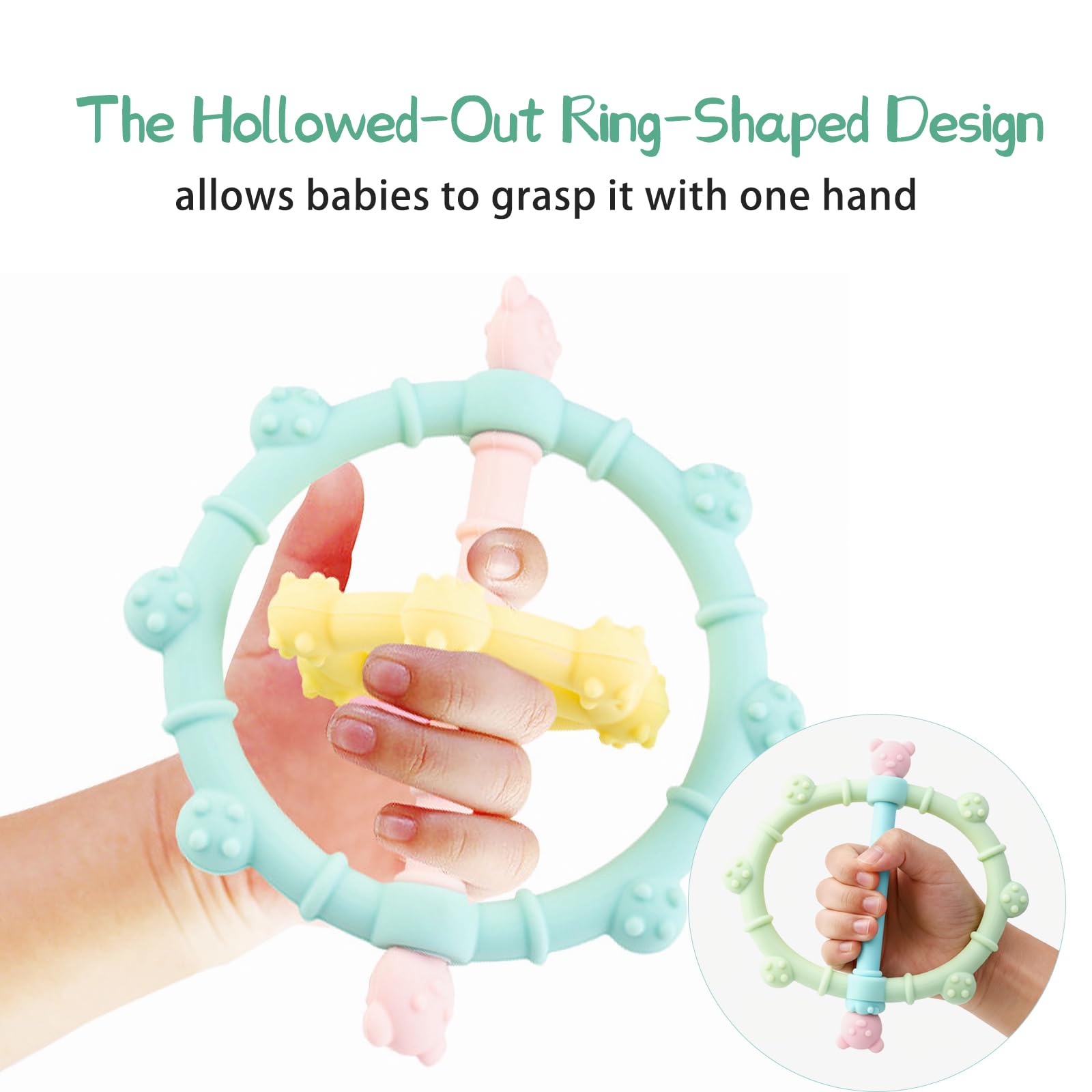 VISEWI Silicone Teething Toys for Babies 3-6 Months, 2 Pack Infant Food Grade Teether Balls with Easy Hold Handle, Detachable Baby Chew Toy