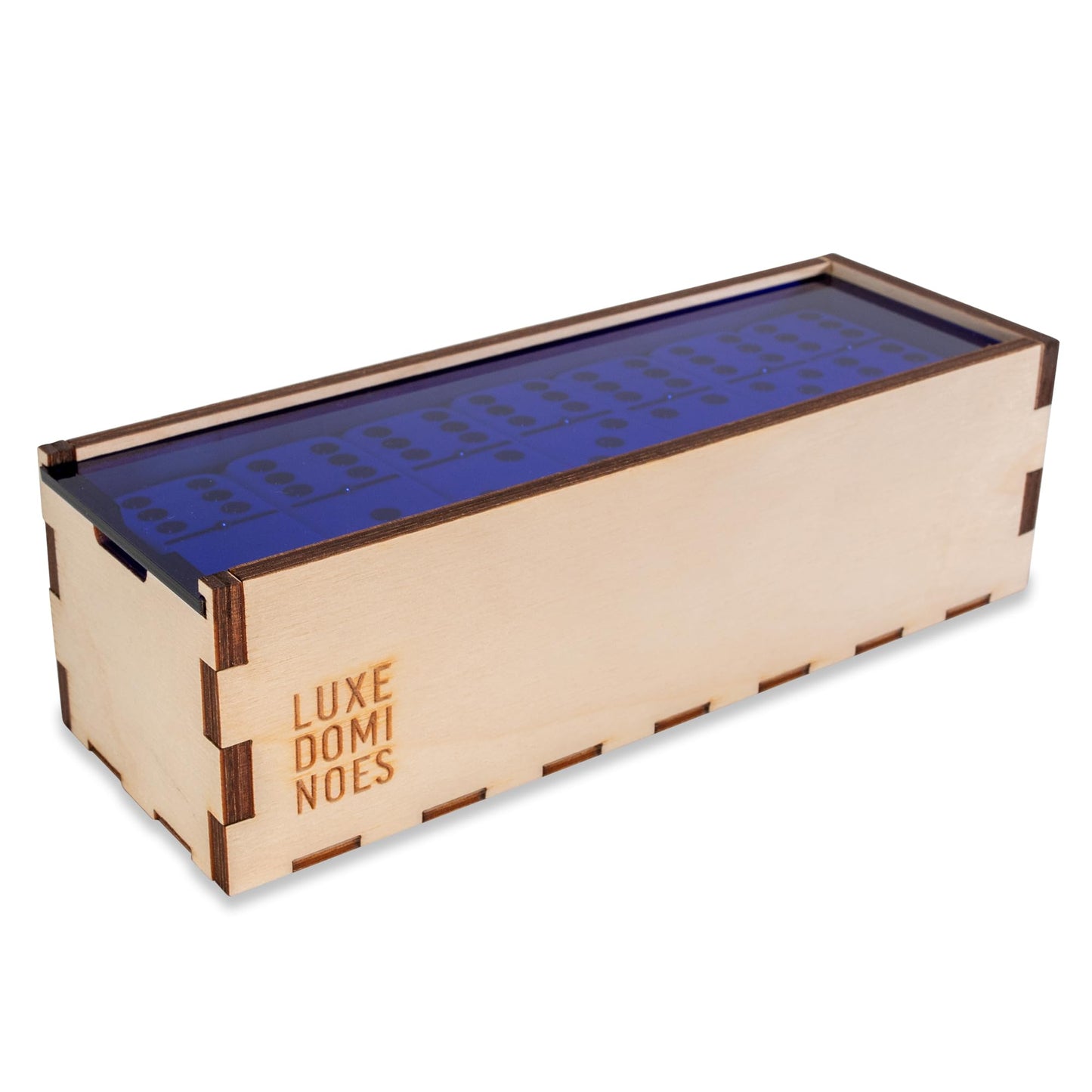 Deluxe Modern Domino Set Double Six, with Jumbo Sized Tournament Dominoes Black and White Two Toned with Spinner (Rivets) in Wood Box with Acrylic Top