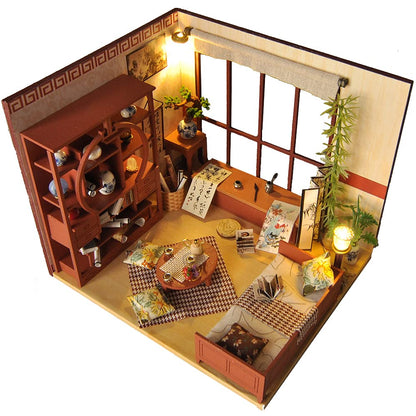 Lannso DIY Dollhouse Miniature Wooden Furniture Kit, Doll House Kit with Dust Proof Cover, Chinese Style Dollhouse,Mini Handmade Wooden Dollhouse Toys