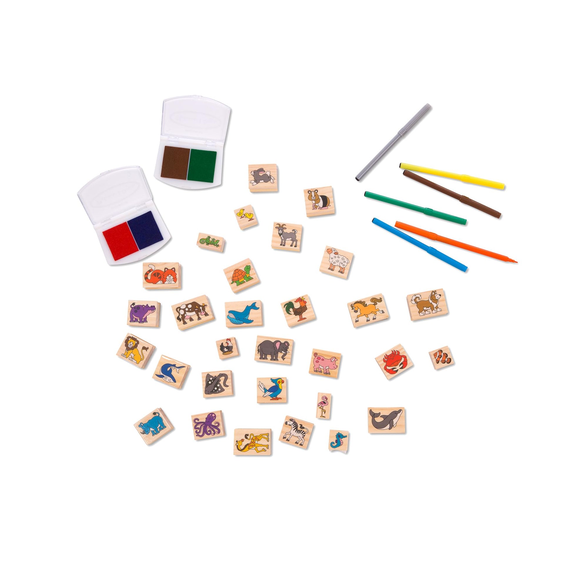 Melissa & Doug Deluxe Wooden Stamp Set: Animals - 30 Stamps, 6 Markers, 2 Stamp Pads Kids Art Projects, Wooden Stamps with Washable Ink, for Kids Ages