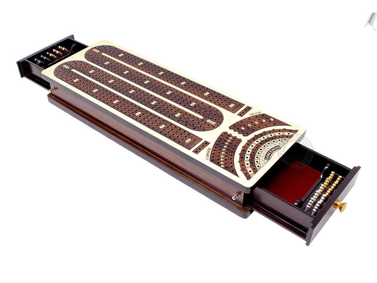 House of Cribbage - Continuous Cribbage Board/Box Inlaid in Maple/Rosewood : 4 Track - Side Drawers with Score Marking Fields for Skunks, Corners