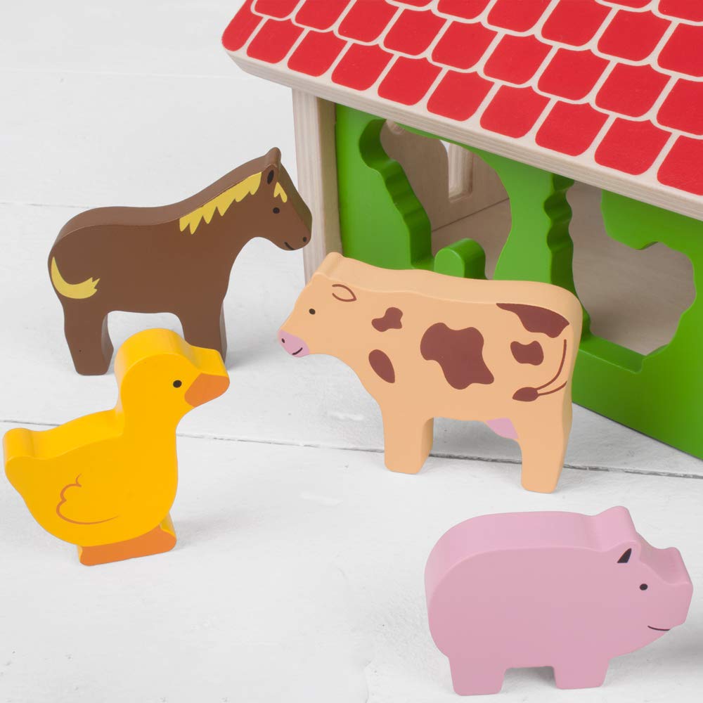 Bigjigs Toys, Shape Sorter, Wooden Farm Toys for 2 Year Olds, Childs Farm Toy