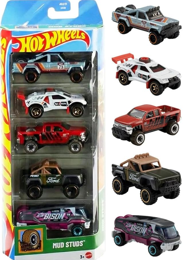 Hot Wheels Mud Studs 5 Pack [Sand Burner, Chevy Silverado Off Road, '73 Jeep J10, Custom Ford Bronco, Baja Bison T5] 1:64 Scale Diecast Toy Vehicles