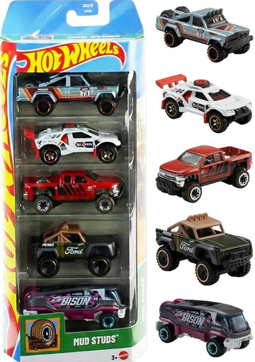Hot Wheels Mud Studs 5 Pack [Sand Burner, Chevy Silverado Off Road, '73 Jeep J10, Custom Ford Bronco, Baja Bison T5] 1:64 Scale Diecast Toy Vehicles