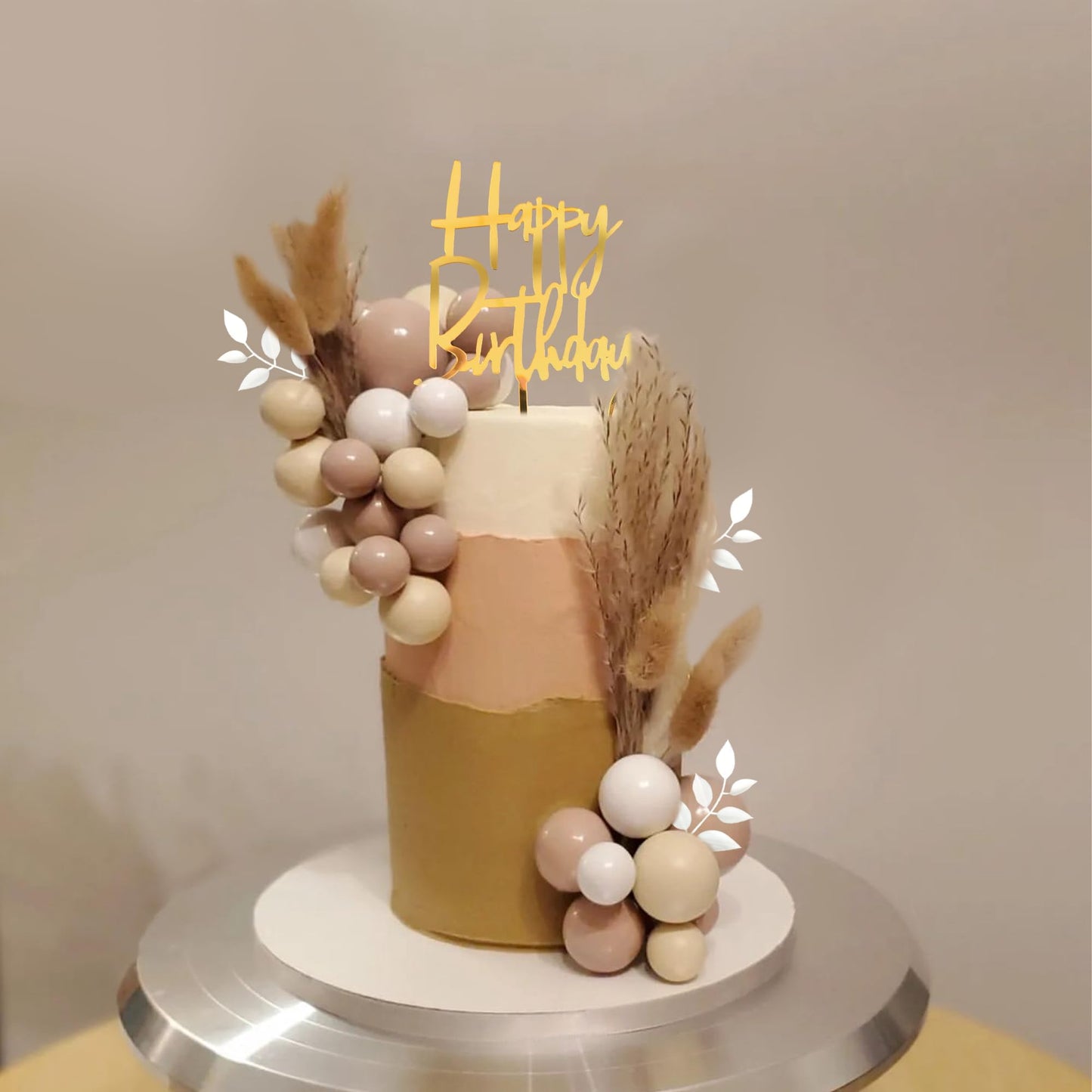 Khaki Balls Cake Topper Boho Grass Cake topper Khaki White Gold Pearl Balls Happy Birthday Cake Decorations for Wedding Birthday Boho Themed Supplies