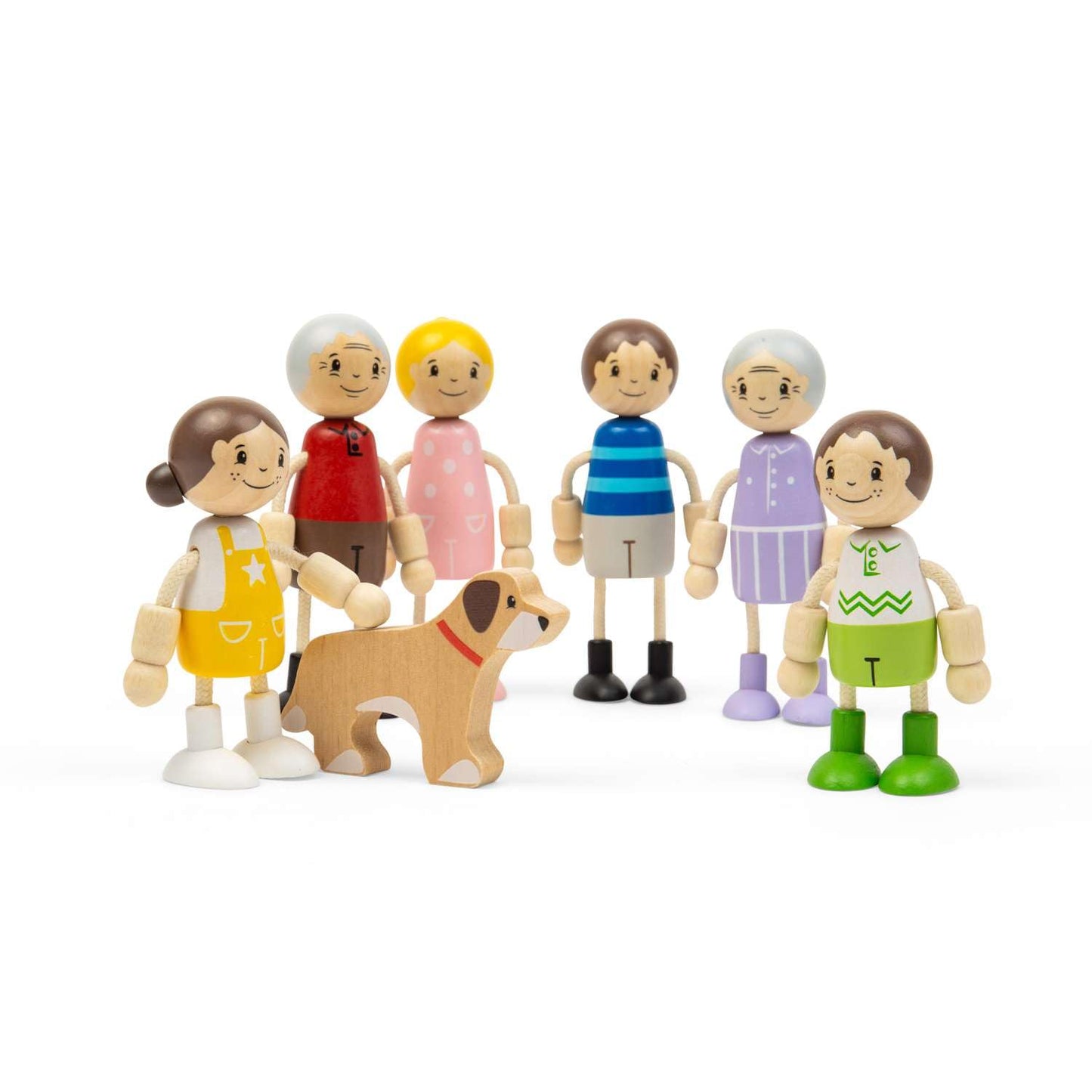 Bigjigs Toys Generational Family Dolls Set of 7 Wooden Dolls House, Small Toy Families, Children, Parents, Grandparents & Dog Figures for Dollhouse
