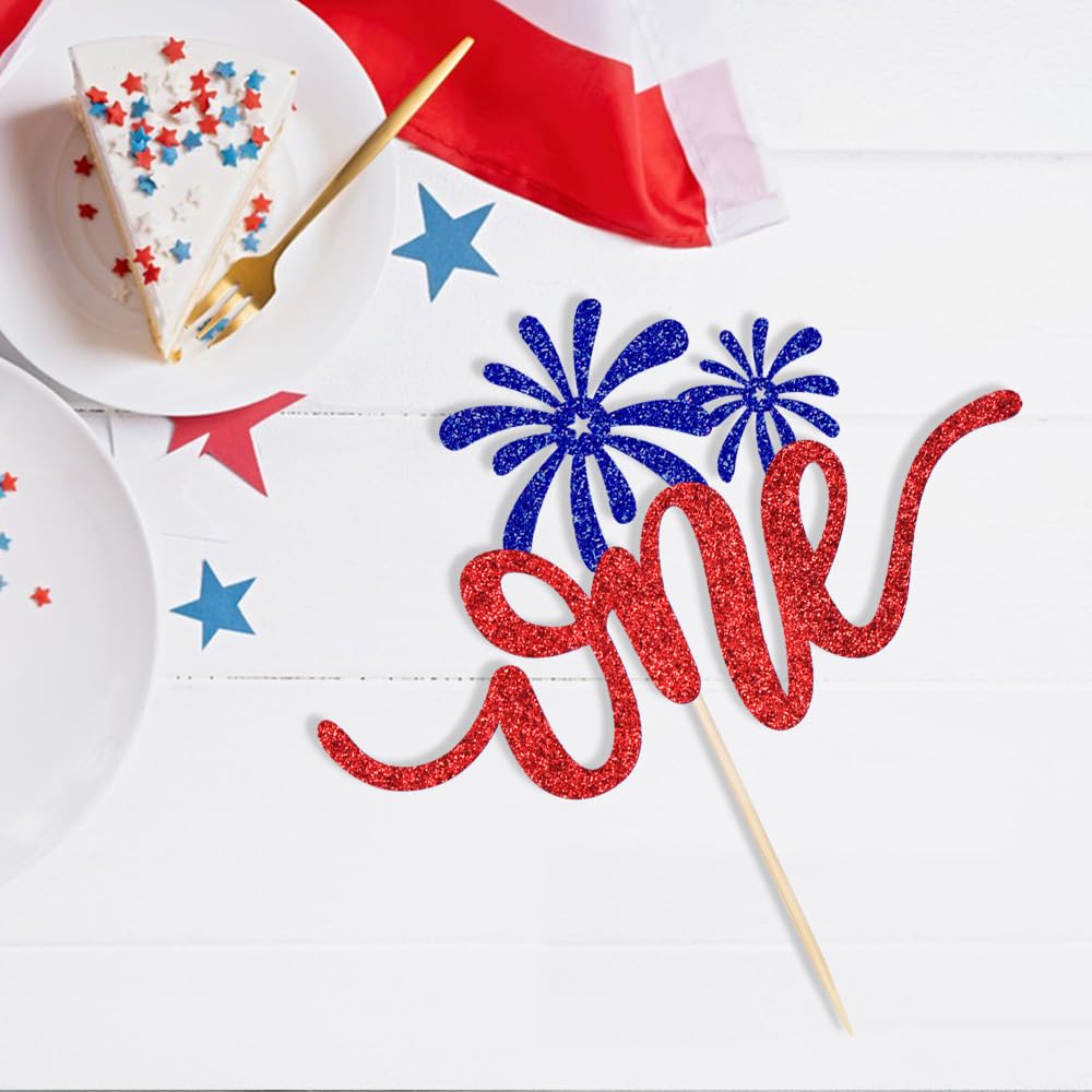 One Cake Topper Red & White & Blue Glitter- 4th of July 1st Birthday Decorations,4th of July Baby Shower Decor/American National Independence Day