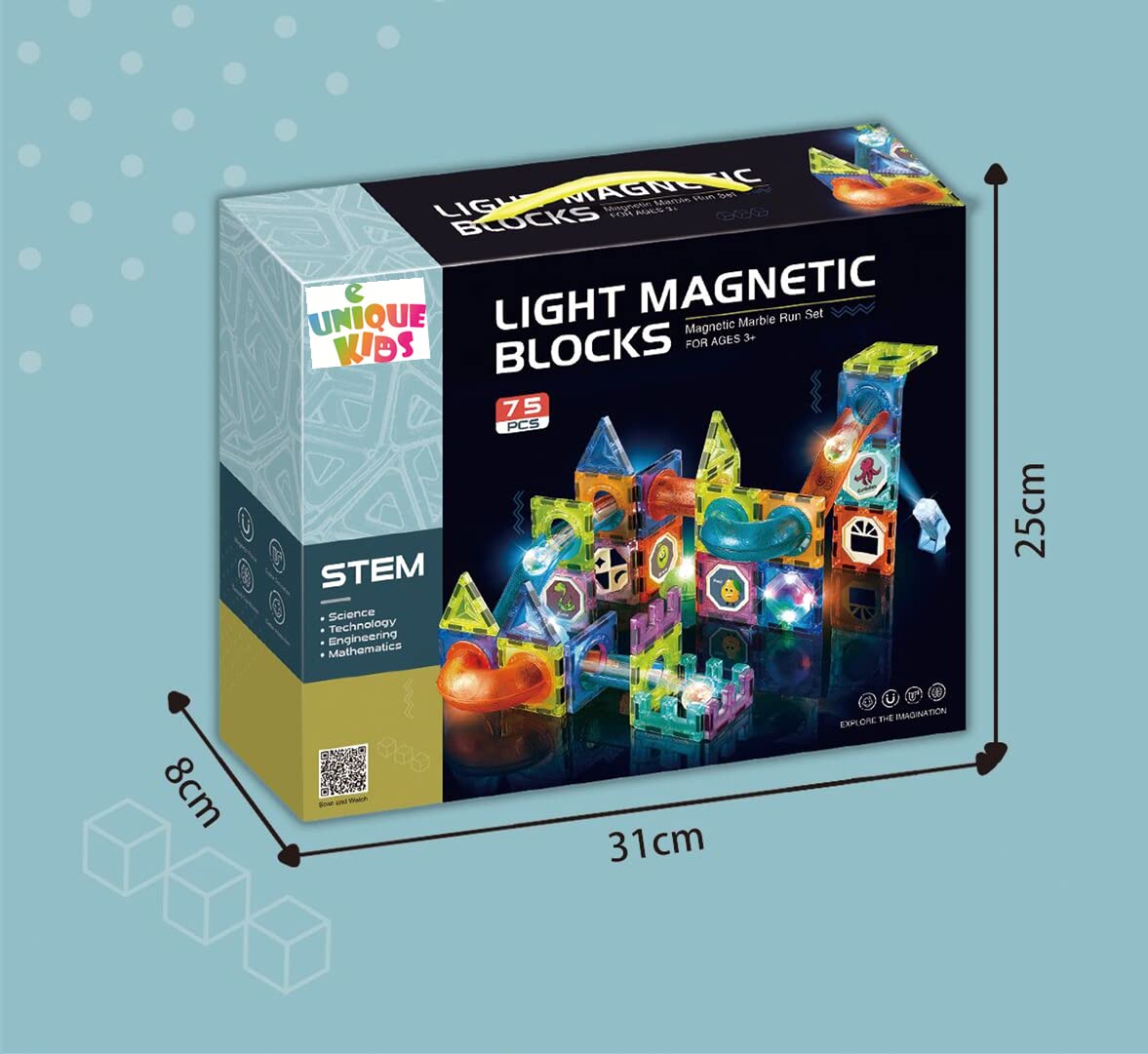 UNIQUE KIDS Magnetic Tiles Building Blocks with Light-Up Marble Run & LED Ball - STEM STEAM Toys for Kids Ages 3-10+ Boys Girls Birthday Gift (110