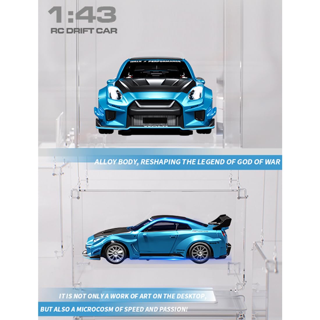 Rakeetolly 1:43 RC Drift Car 20KM/H with Gyro, 2.4G 4WD Full Proportional Alloy Sport Racing Car, Adjustable Speed, LED Lighting for Teens & Adults