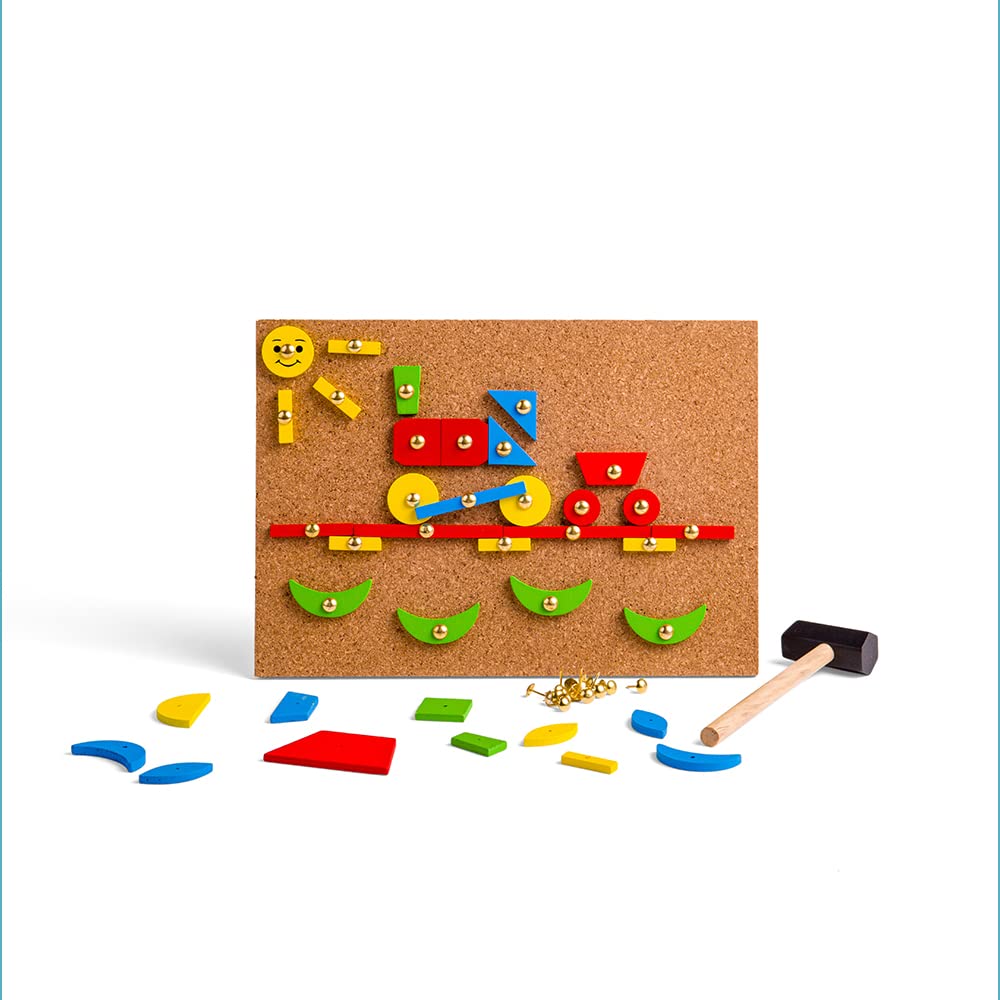 Bigjigs Toys Pin-a-Shape Set | Tap Art Kit with Pin Board & Wooden Shapes | Kids Peg Toy with Mini Hammer | Toddler Montessori Game | Educational