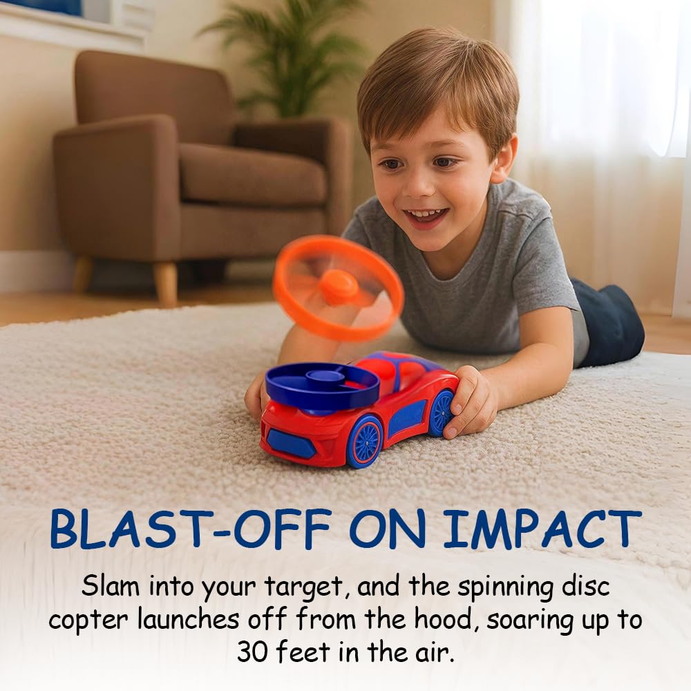 Spinz Race Car with Flying Disc Launcher, Pull Back Bumper Toy Racer, Kids, Boys, Girls Gift, Red & Blue, Ages 3+