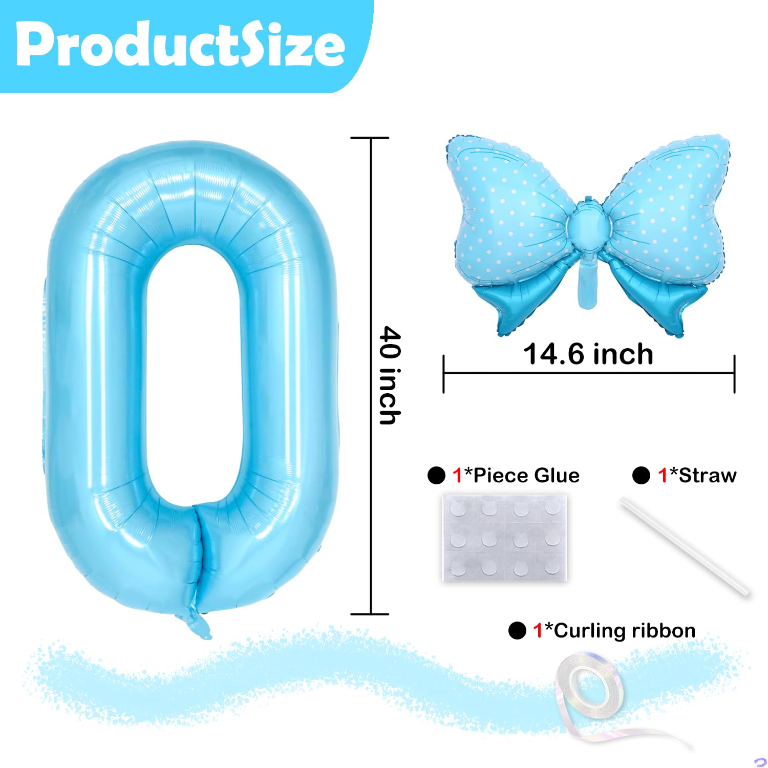 Light Blue 10 Balloon Number Blue Bow Birthday Decorations, Blue Bows Balloons Foil Mylar Helium Large 40” 10th Balloon for Girls Coquette Birthday