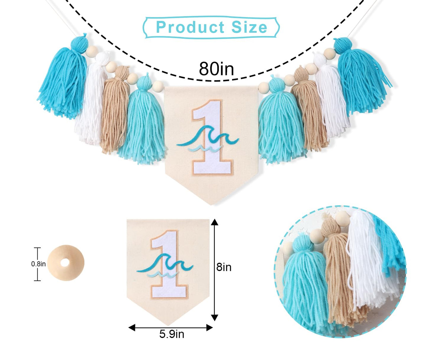 Big One Surf High Chair Banner - Wave 1st Birthday Decoration for Boys, Tassel Garland