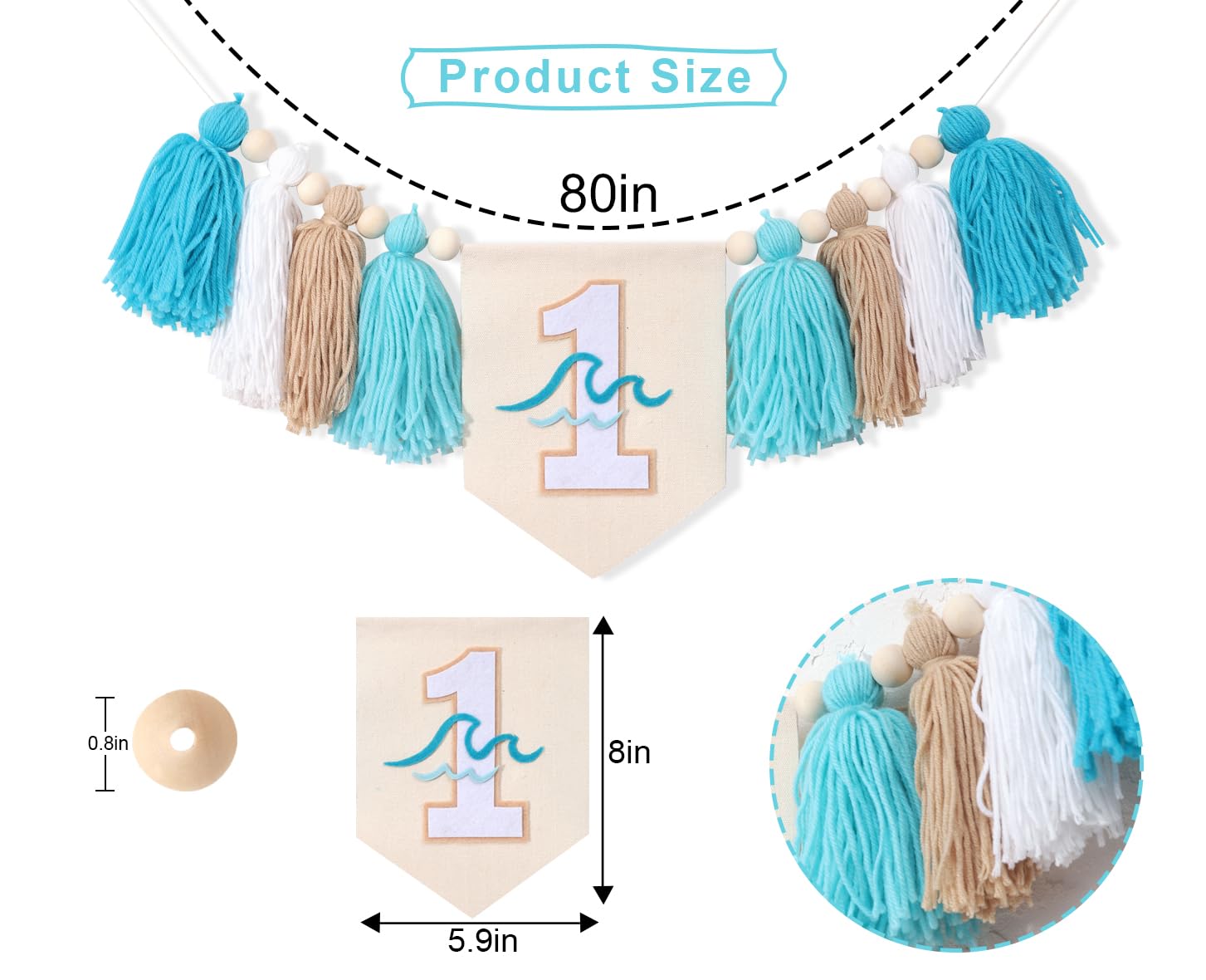 Big One Surf High Chair Banner - Wave 1st Birthday Decoration for Boys, Tassel Garland