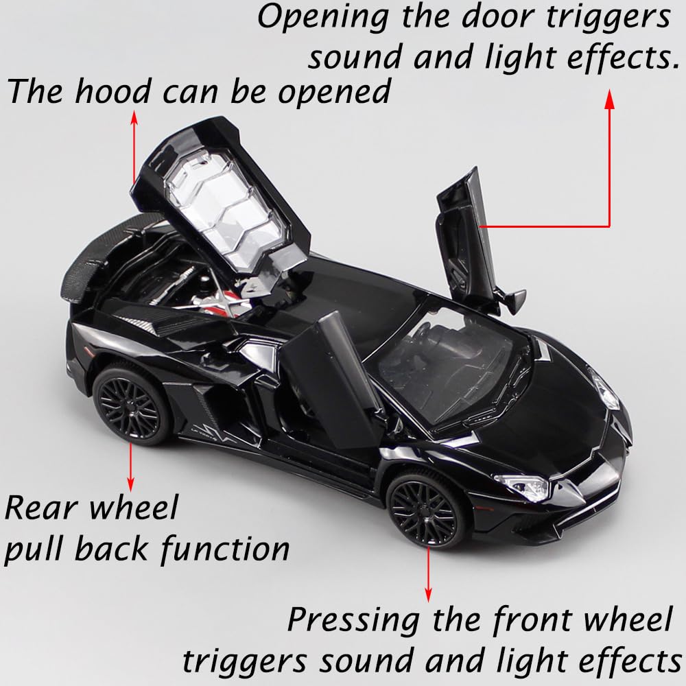 iLooboo Alloy Collectible Black Aventador Toy Car Model Pull Back Die-Cast Vehicle with Lights and Sound