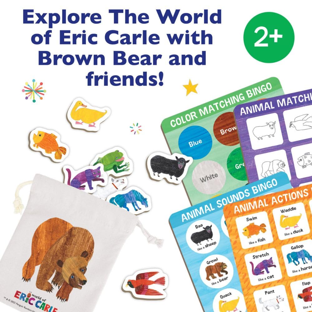 World of Eric Carle: Animal Bingo Game - Wooden Toddler Bingo Set Featuring Brown Bear - Learn Animal Sounds, Movements, Colors & Matching - Preschool