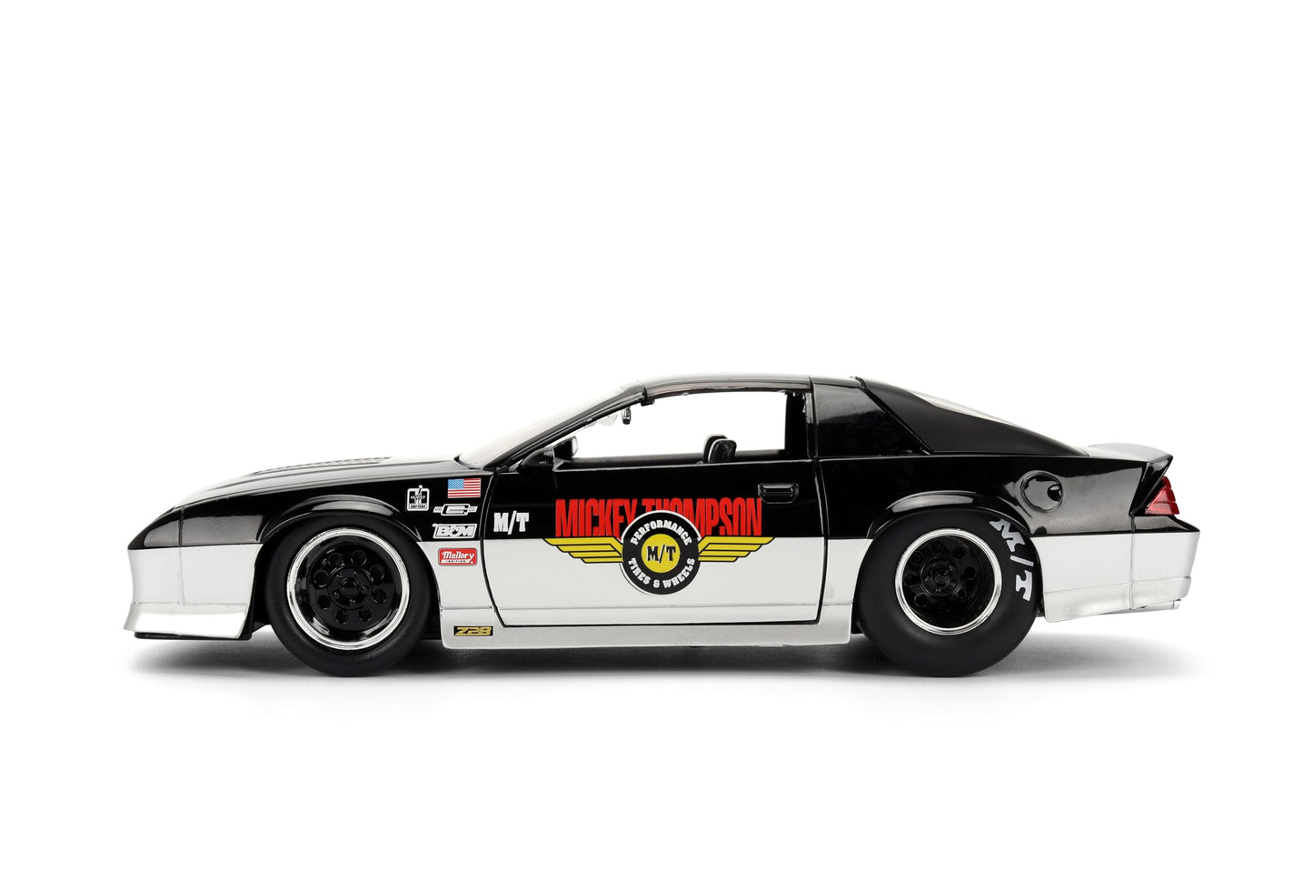 Jada Toys Bigtime Muscle 1:24 1985 Chevy Camaro Mickey Thompson Die-cast Car - Opening Doors, Hood, Trunk, Rubber Tires(Glossy Black/Silver)