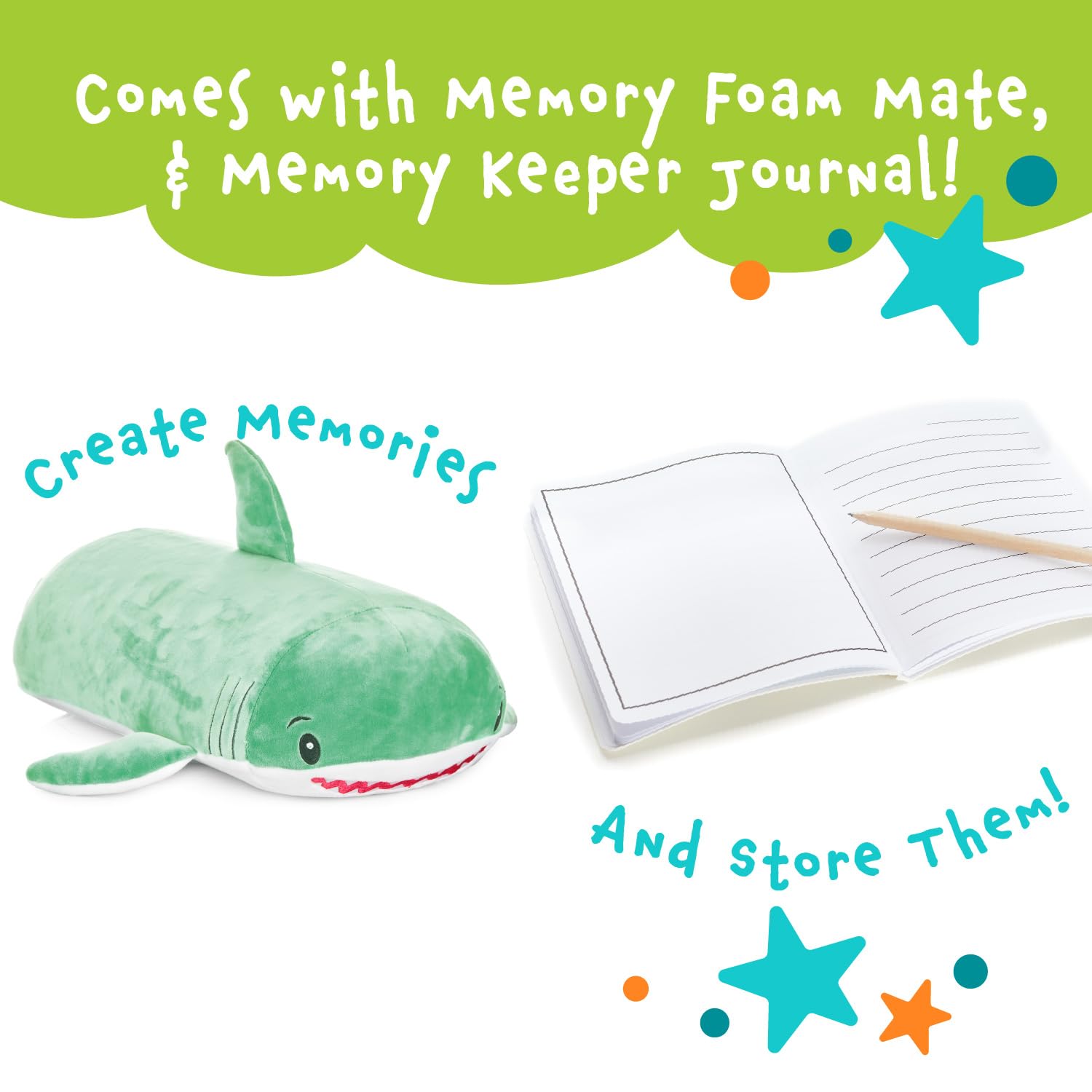 MEMORY MATES Jake the Shark Memory Foam Pillow Plush with Kid's Diary that Stores in Belly Pocket, 15” Stuffed Animal, 6" Journal