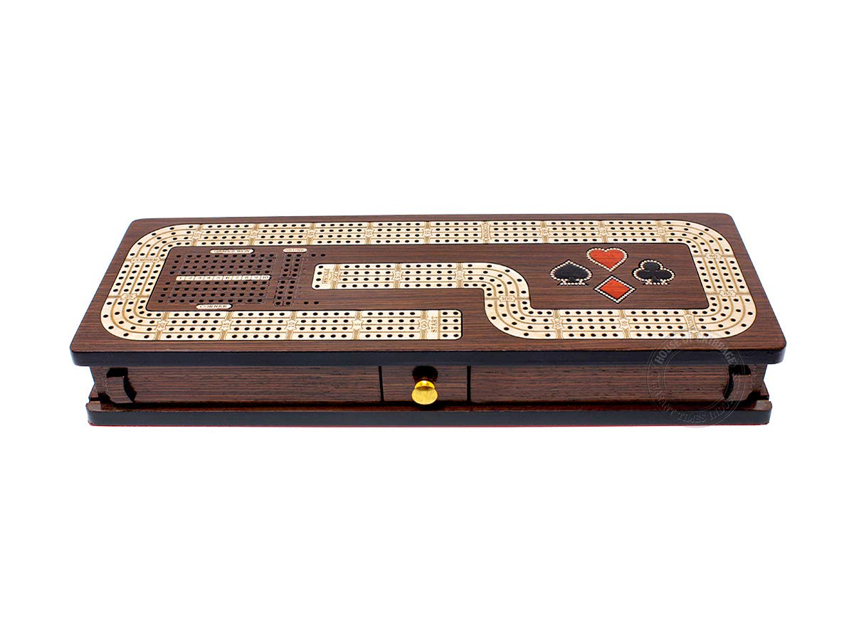 House of Cribbage - Continuous Cribbage Board/Box Inlaid in Wenge Wood/Maple : 4 Track - Cards & Pegs Storage Drawer with Score Marking Fields