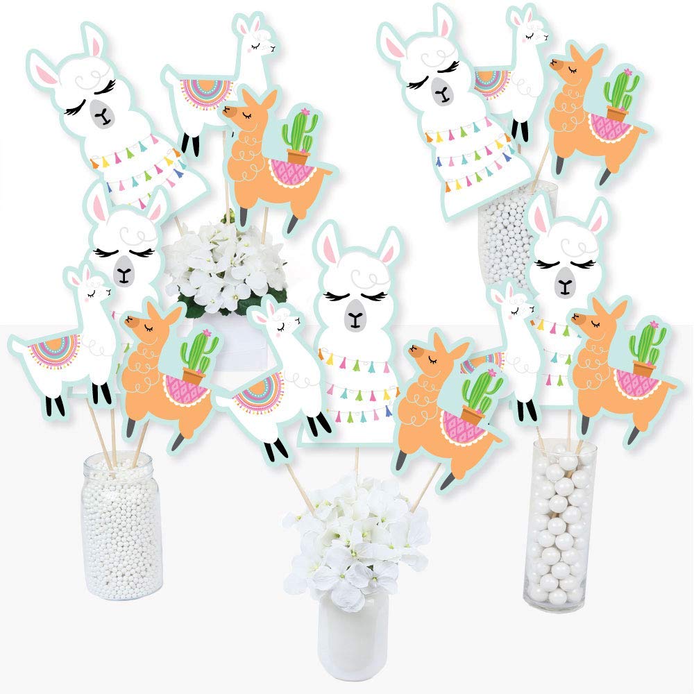 Big Dot of Happiness Whole Llama Fun - Llama Fiesta Baby Shower, Birthday Party Centerpiece Sticks - Table Toppers - Set of 15