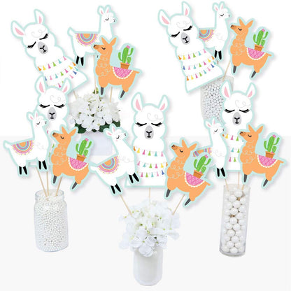 Big Dot of Happiness Whole Llama Fun - Llama Fiesta Baby Shower, Birthday Party Centerpiece Sticks - Table Toppers - Set of 15