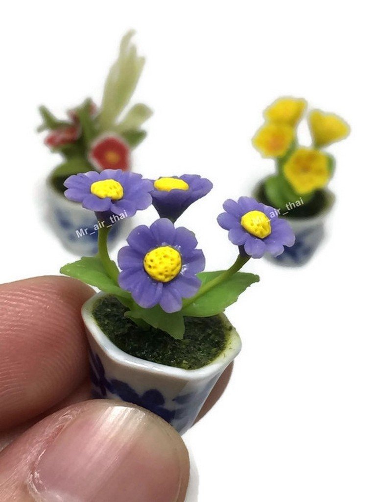 3pc Miniature Flower Clay Dollhouse Fairy Garden Mini Plant Trees Ceramic Furniture Bundles Artificial Flowers Tiny Orchid #083