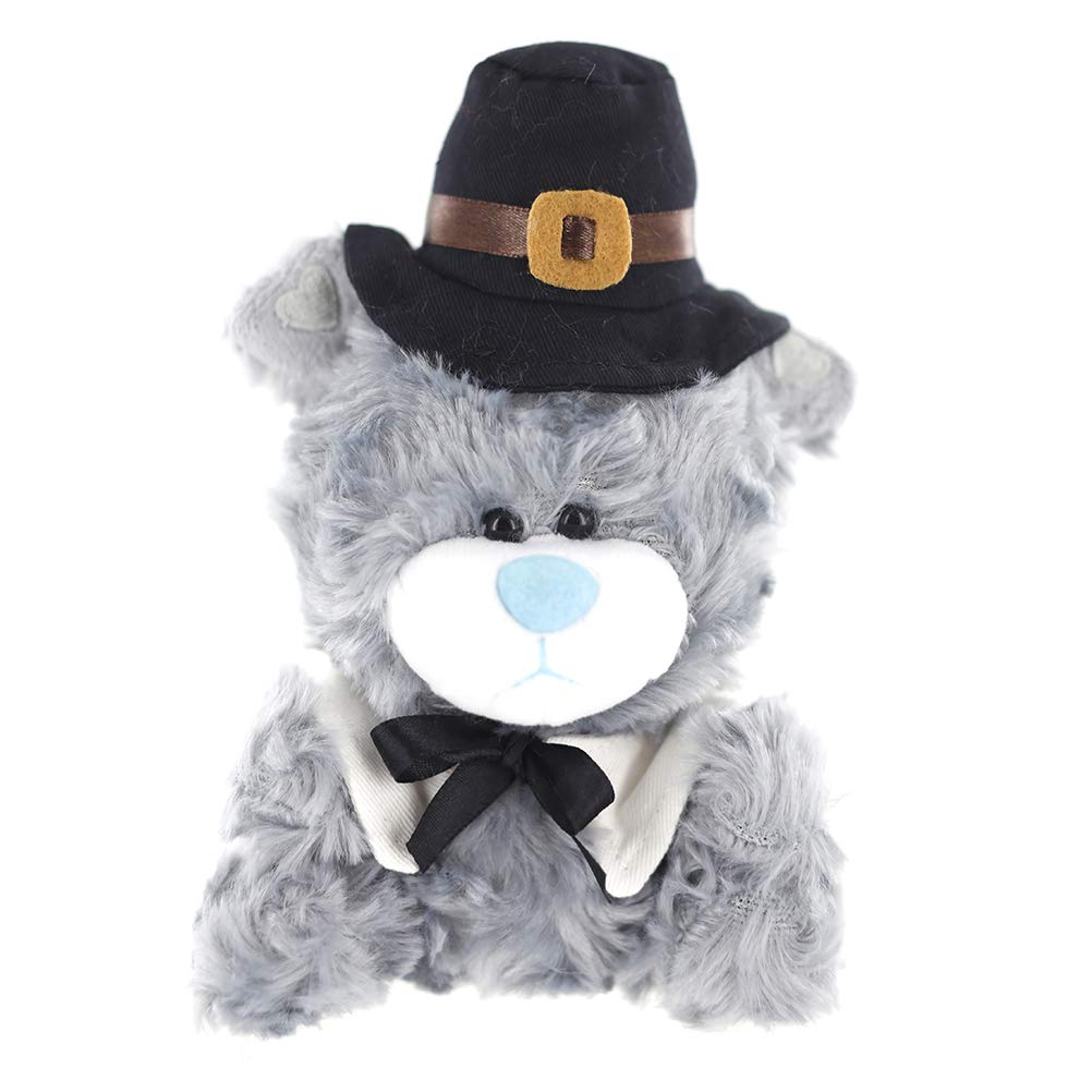 Plushland Stuffed Qbeba Pilgrim Bear - with Cute Hat and Collar - Plush Stuffed Toy for Kids on Thanksgiving Day - 6 Inches - Gray