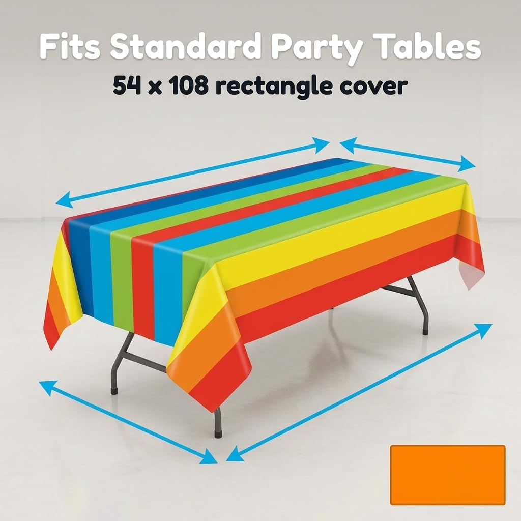 Oojami 4 Pack Rainbow Tablecloths 54 x 108 Inch - Disposable Plastic Table Covers for Birthday Party, Baby Shower, Carnival, Rectangle Table, Colorful