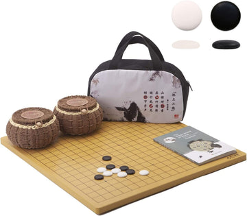 SongYun Go Game Set Reversible 19x19 / 13x13 Wooden Game Board with Single Convex Ceramic Stone 361pcs and Hand-Woven Go Bowls, 2 Players Board Game