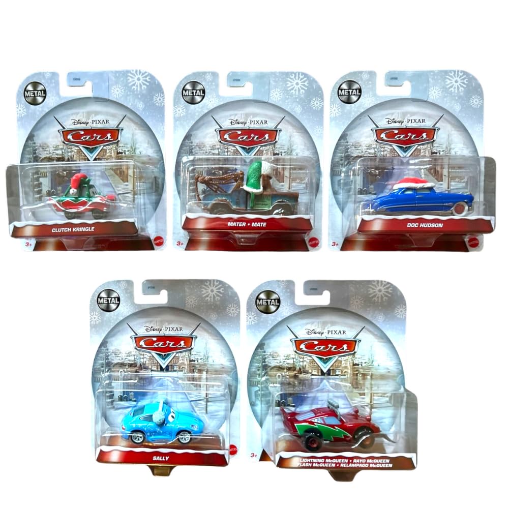 Disney Pixar Cars Holiday Winter Series - Bundle of 5 Die-Cast Vehicles, Christmas Special Edition, 1:55 Scale, GYD55-963C, Ages 3+